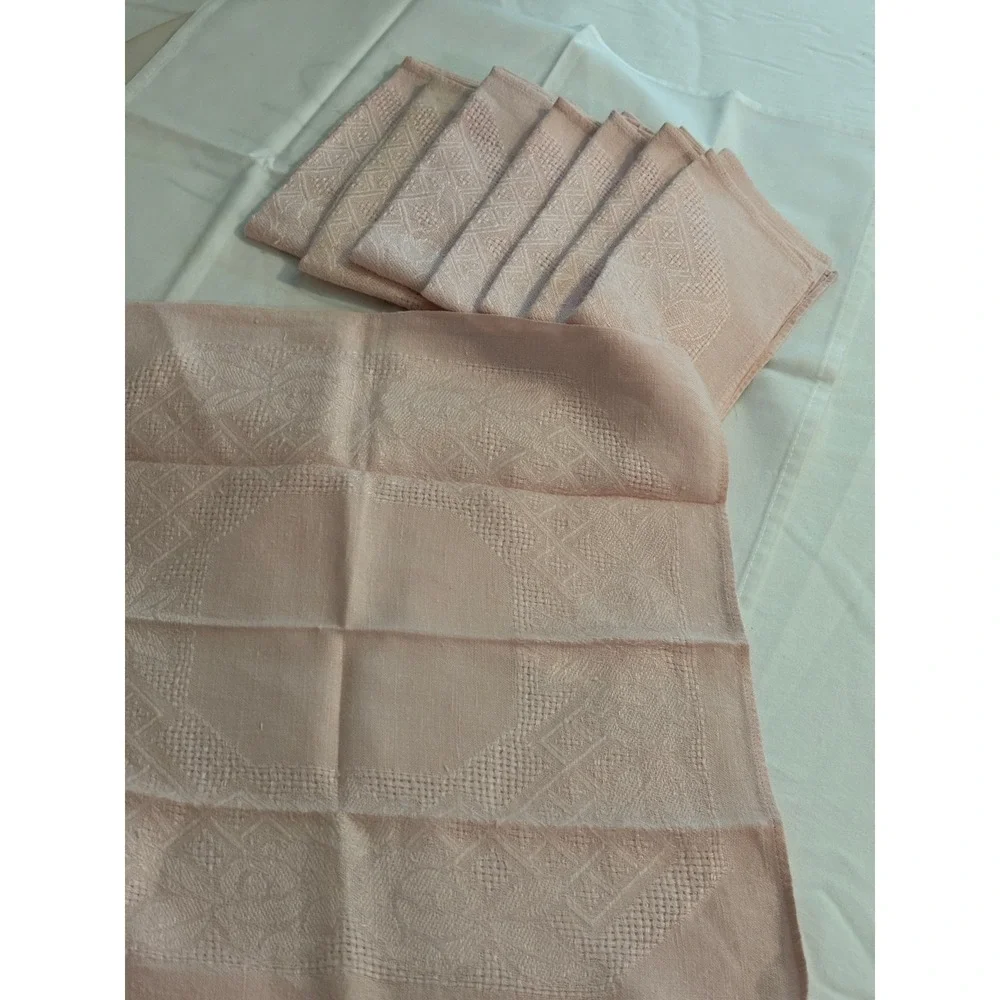 Vintage Blush Pink Linen Damask Napkins Set of 8 Geometric Floral 16x16 Square
